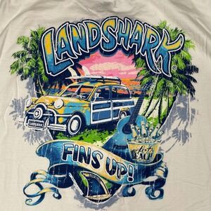 Landshark Fins Up Graphic T-Shirt Mens Large White Cotton Woody Wagon Beach Tee